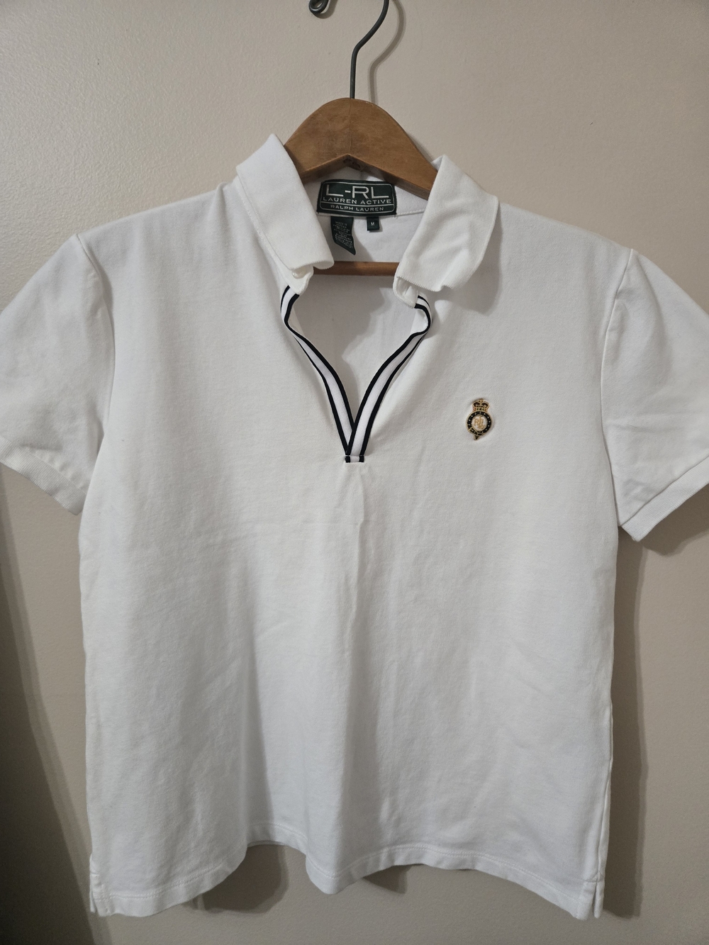 Ralph Lauren White Polo with Navy Trim and Gold Crest Emblem